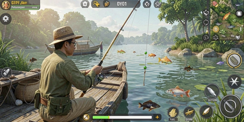 Gameplay DY01 yang menampilkan pengalaman memancing yang seru.