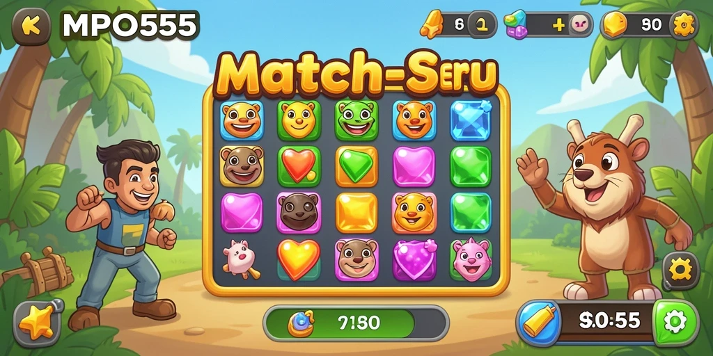 Screenshot MPO555 menampilkan gameplay Match-3 yang seru dan berwarna-warni.
