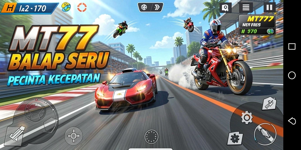 Tampilan gameplay balap yang mendebarkan dan penuh aksi.