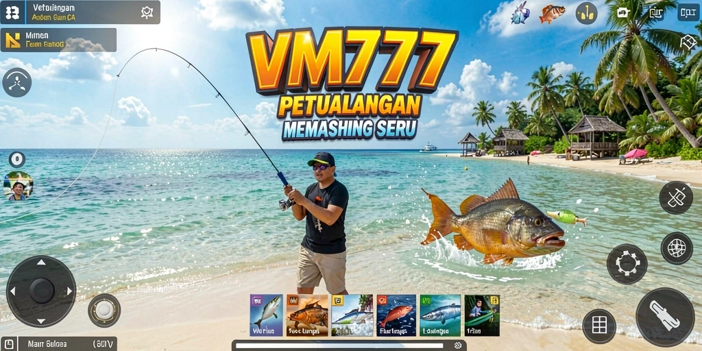 Screenshot utama VM777 menampilkan gameplay seru saat menangkap ikan di laut.