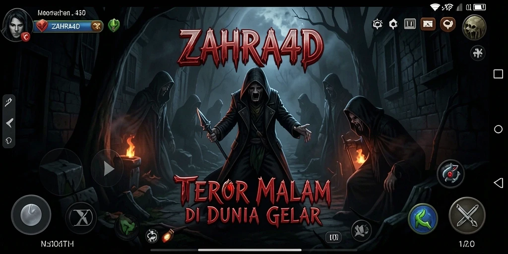 Gameplay ZAHRA4D dengan suasana mencekam dan penuh ketegangan.
